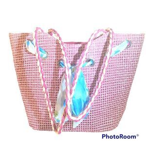 Pink & White zippered Straw Beach Bag